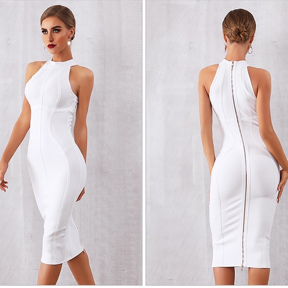 Nude Halter Bandage Bodycon Midi Cocktail Dress - Picture 10 of 11